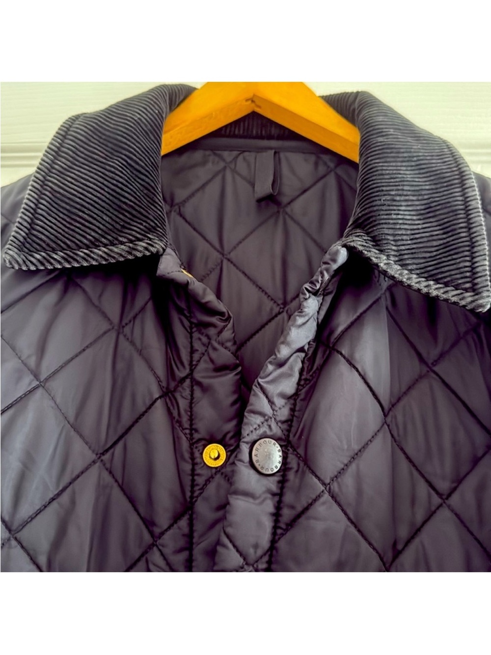 Barbour Dark Blue Quilted Jacket with Gold Logo Detailing - Picture 3 of 5